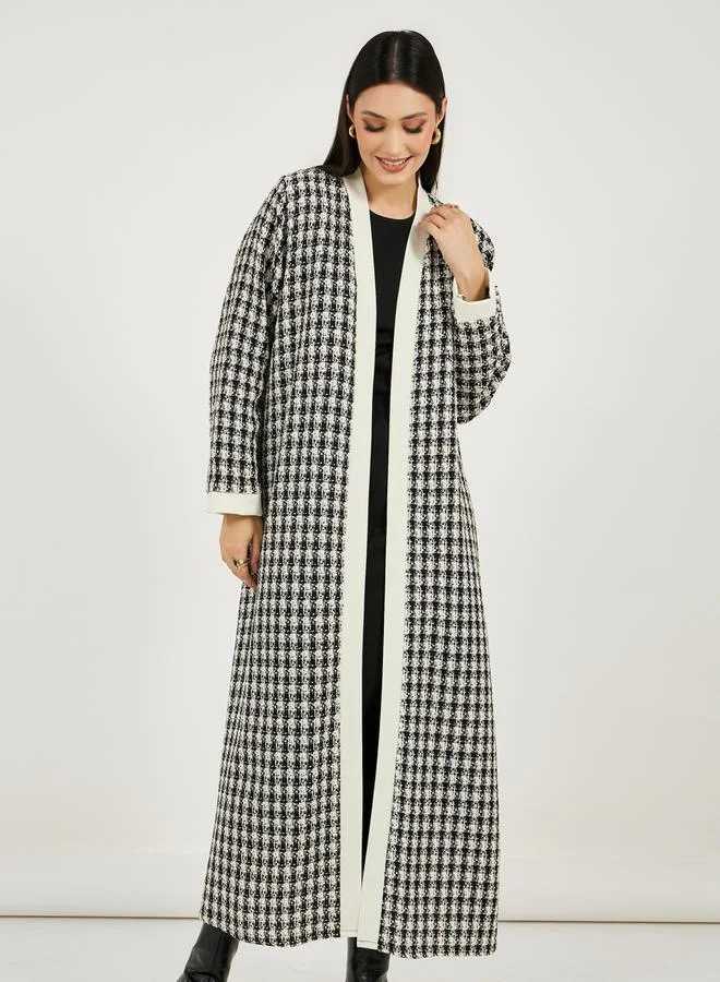 Styli Front Open Tweed Abaya with Contrast Cuff