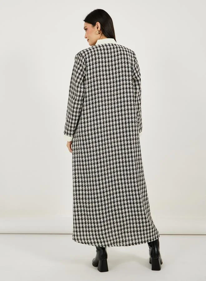 Styli Front Open Tweed Abaya with Contrast Cuff