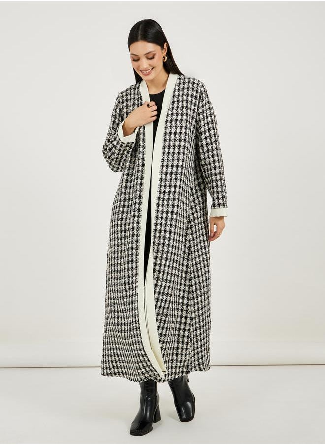 Styli - Front Open Tweed Abaya with Contrast Cuff - Image 1