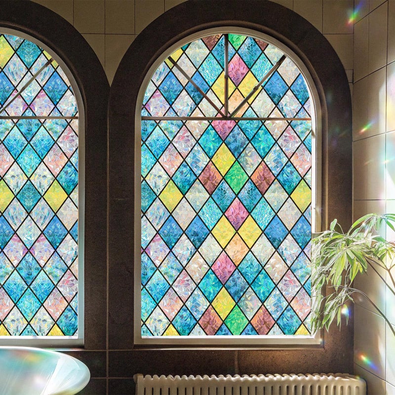 ADD.HERES Window Privacy Film, Stained Glass Window Film, Removable Static Cling, Decorative Laser Sun Blocking Vinyl Covering for Home Kitchen Living Room, Colorful Diamond Grid, 17.3" x 78.7" - Image 2