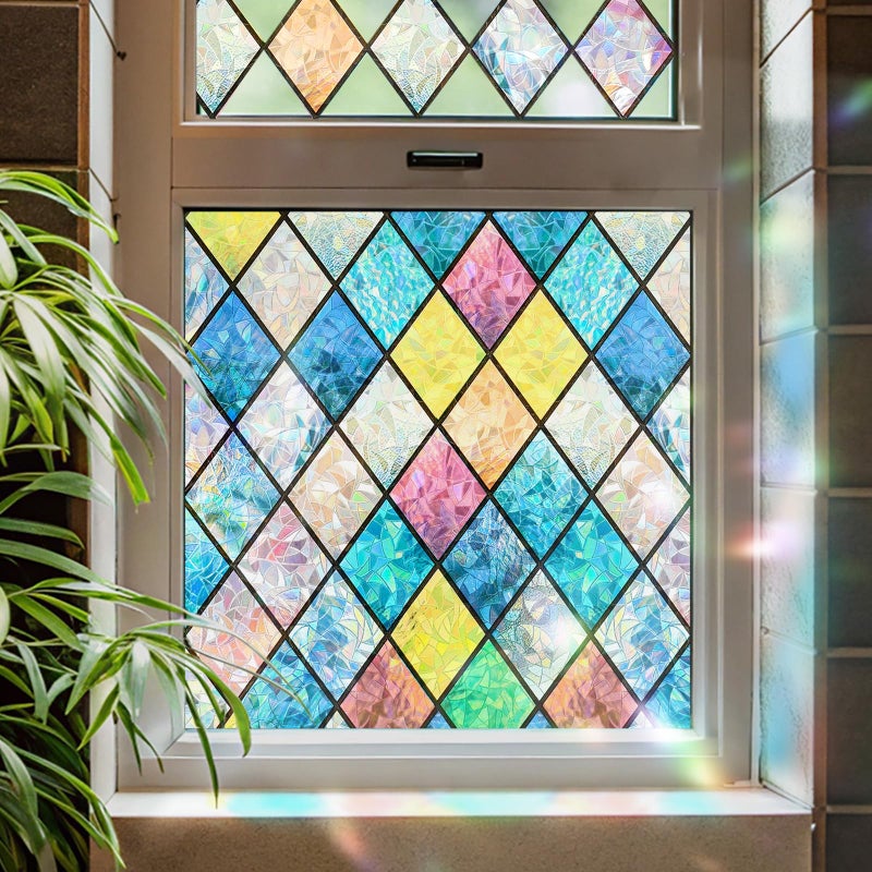 ADD.HERES Window Privacy Film, Stained Glass Window Film, Removable Static Cling, Decorative Laser Sun Blocking Vinyl Covering for Home Kitchen Living Room, Colorful Diamond Grid, 17.3" x 78.7" - Image 1