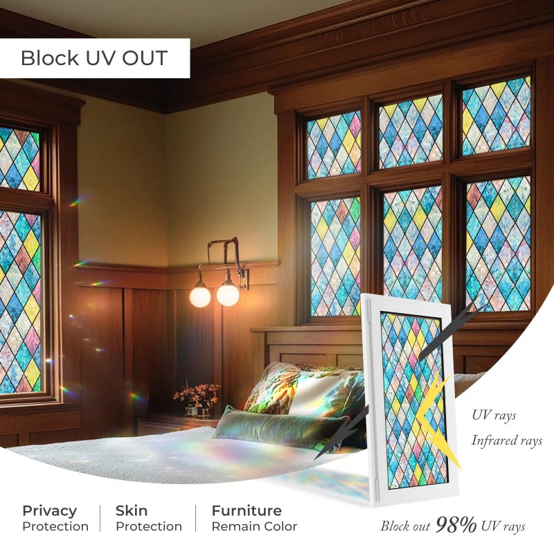 ADD.HERES Window Privacy Film, Stained Glass Window Film, Removable Static Cling, Decorative Laser Sun Blocking Vinyl Covering for Home Kitchen Living Room, Colorful Diamond Grid, 17.3" x 78.7" - Image 5