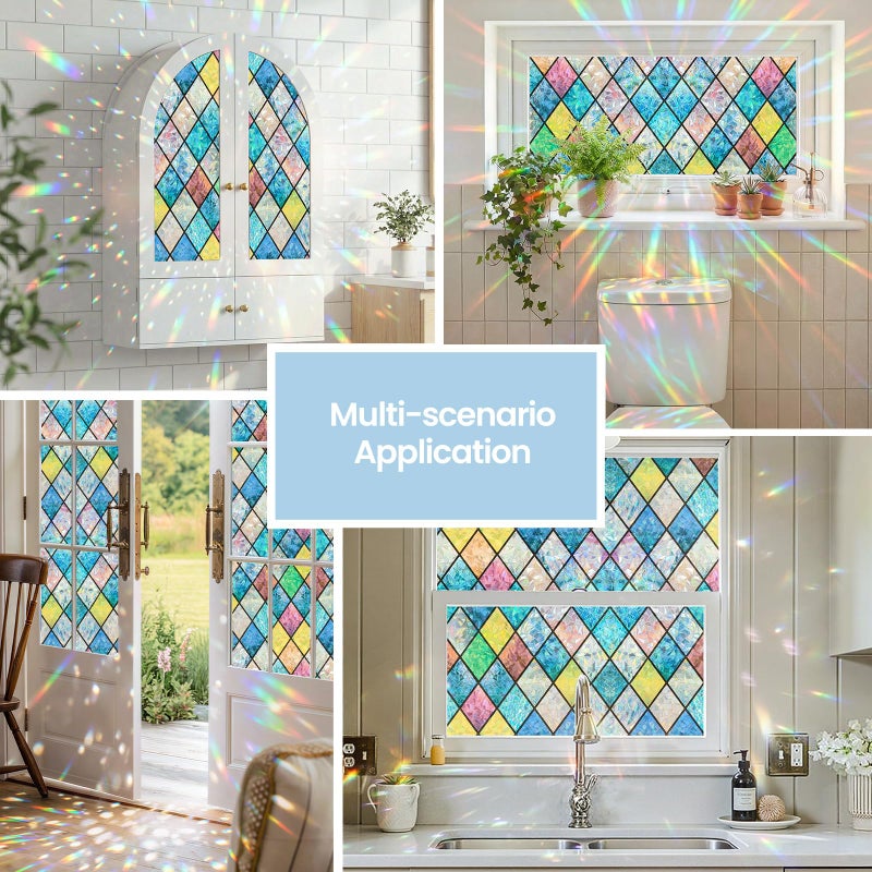 ADD.HERES Window Privacy Film, Stained Glass Window Film, Removable Static Cling, Decorative Laser Sun Blocking Vinyl Covering for Home Kitchen Living Room, Colorful Diamond Grid, 17.3" x 78.7" - Image 3