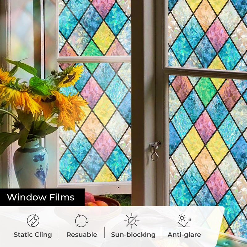 ADD.HERES Window Privacy Film, Stained Glass Window Film, Removable Static Cling, Decorative Laser Sun Blocking Vinyl Covering for Home Kitchen Living Room, Colorful Diamond Grid, 17.3" x 78.7" - Image 4
