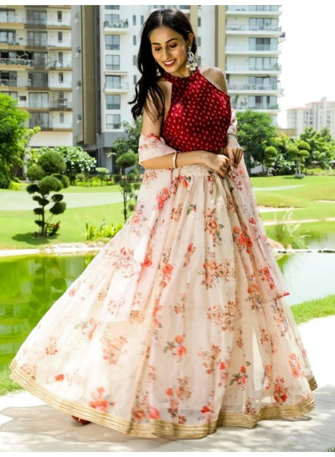 AKS Maroon & Cream Floral Printed Lehenga Choli With Dupatta Set