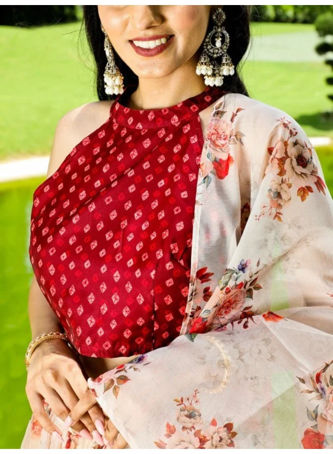 AKS Maroon & Cream Floral Printed Lehenga Choli With Dupatta Set