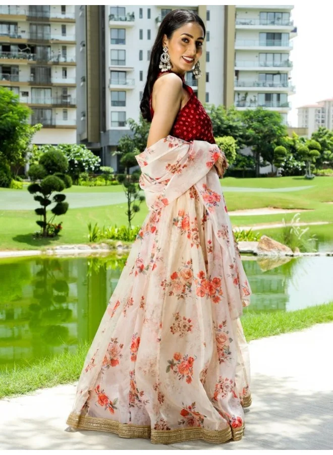 AKS Maroon & Cream Floral Printed Lehenga Choli With Dupatta Set