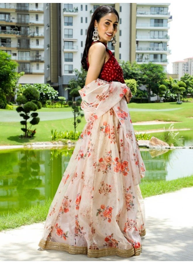 أيه كيه إس طقم ليجا تشولي مطبوع بالزهور باللون الكستنائي والكريمي مع دوباتا - Image 3