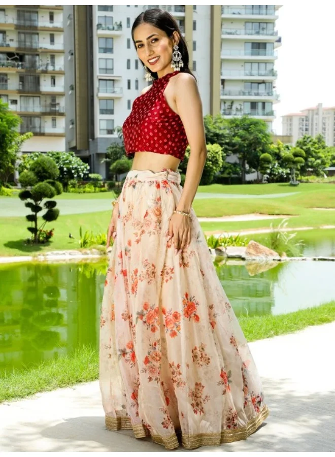 AKS Maroon & Cream Floral Printed Lehenga Choli With Dupatta Set