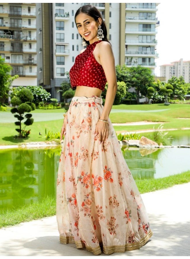 أيه كيه إس طقم ليجا تشولي مطبوع بالزهور باللون الكستنائي والكريمي مع دوباتا - Image 4