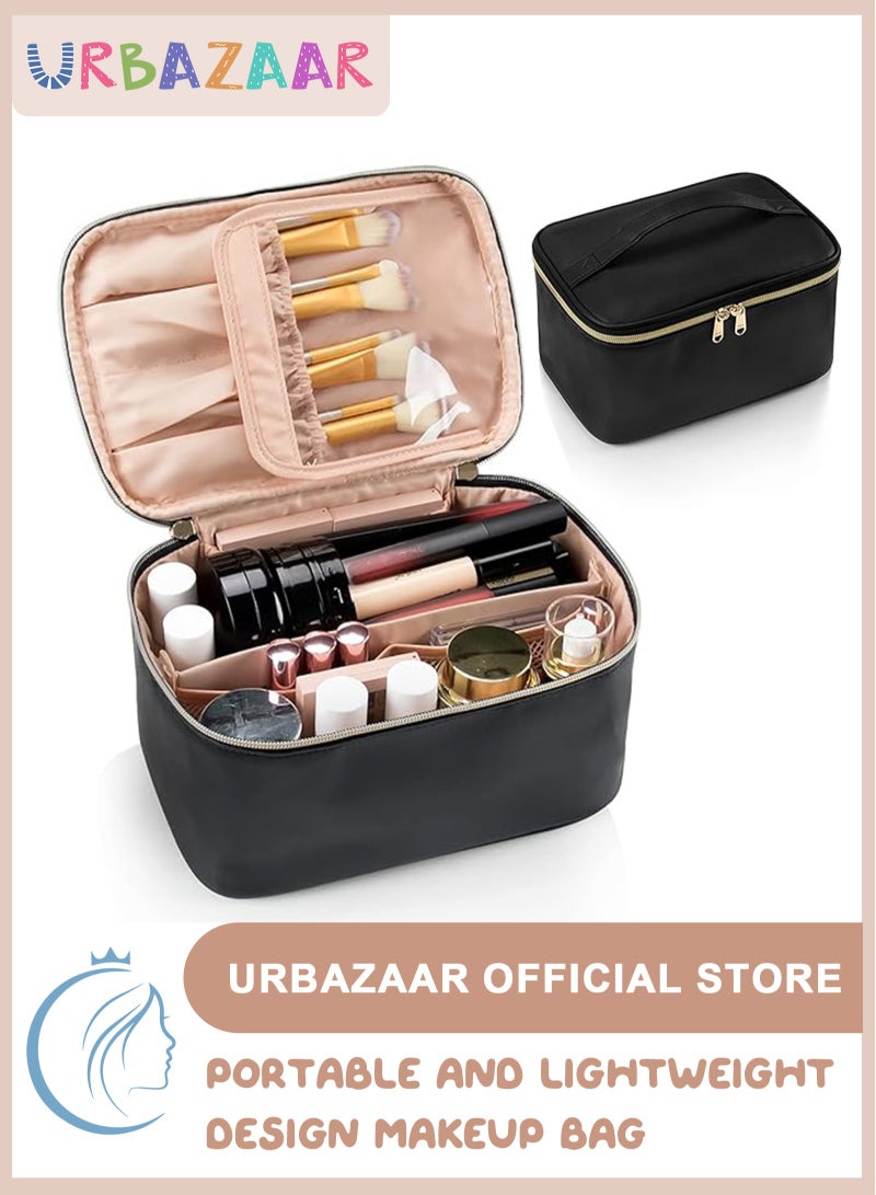 أوربازار حقيبة مكياج، حقيبة مستحضرات تجميل محمولة، منظم حقيبة مكياج للسفر بسعة كبيرة، حقائب مكياج سوداء للنساء، حقيبة أدوات الزينة للفتيات المسافرات مع مقبض ومقسم - Image 1
