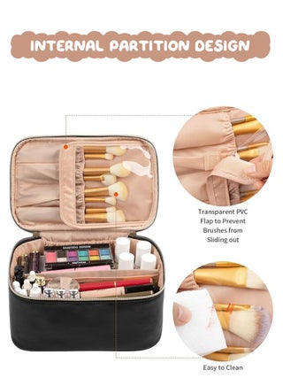 Makeup Bag, Portable Cosmetic Bag, Large Capacity Travel Makeup Case Organizer, Black Makeup Bags For Women Toiletry Bag for Girls Traveling With Handle and Divider - view 4