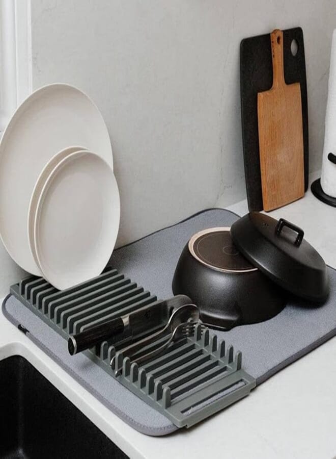 Dish Drying Rack and Microfiber Mat-Space-Saving Lightweight Design Folds Up for Easy Storage, Kitchen Mat Adjustable Dish Drying Mat for Kitchen Counter Dish Drying Pad