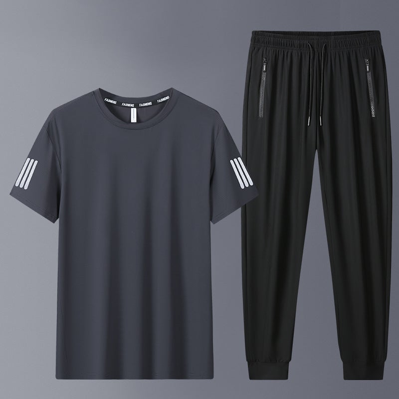 Mens Ice Silk Pants Summer Thin Quick Dry Casual Trousers T-Shirt Suit Fashionable Versatile Plus Size Sports Men Pants Gray + black leggings