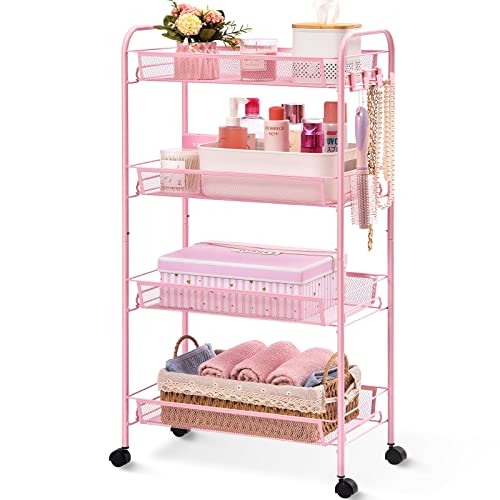TOOLF 4 Tier Rolling Utility Cart  Durable Metal Design Pink Utility Cart Storage Trolley on Wheels with 3 Hooks Perfect for Kitchen Bathroom  Laundry Room Organization