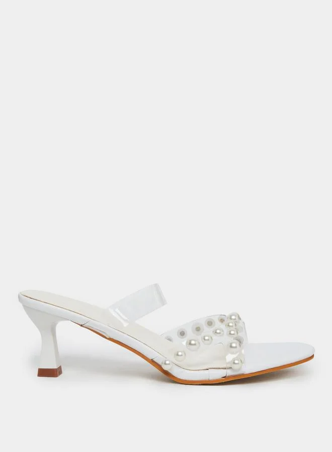 تايك تو Take Two Transparent Strap Faux Pearl Detail Kitten Heel Sandals