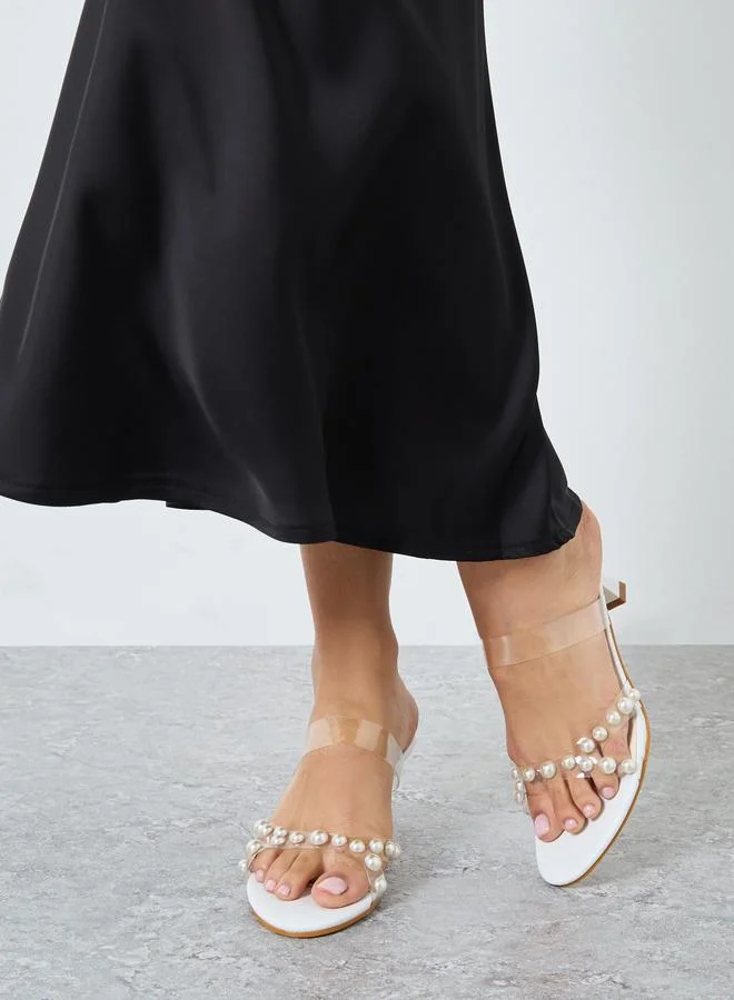 تايك تو Take Two Transparent Strap Faux Pearl Detail Kitten Heel Sandals