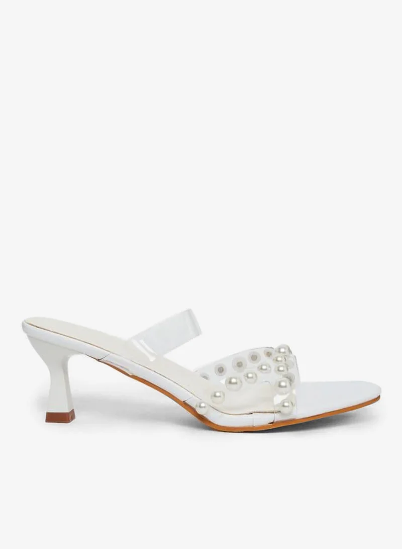Take Two Transparent Strap Faux Pearl Detail Kitten Heel Sandals