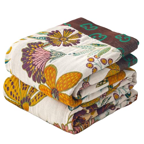VANJOROY Boho Throw Blanket for Bed 100 Cotton Muslin Soft Twin ThrowFloral Farmhouse Rustic Decor Blanket for Couch Sofa Quilt and Gift 60 x 80BeigeWhite - Image 1