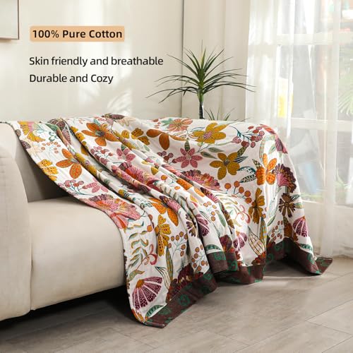 VANJOROY Boho Throw Blanket for Bed 100 Cotton Muslin Soft Twin ThrowFloral Farmhouse Rustic Decor Blanket for Couch Sofa Quilt and Gift 60 x 80BeigeWhite - Image 3