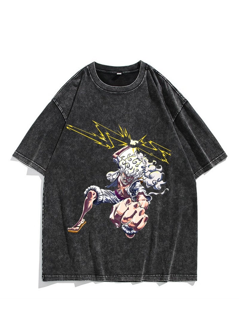 Washed retro T-shirt street hip hop anime One Piece Luffy Nika form casual cotton summer short sleeves - Image 1