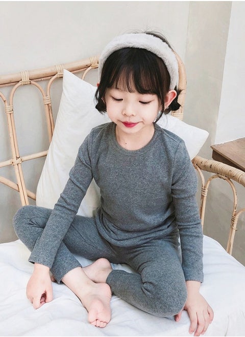 Kids Solid Color Thermal Underwear Set Cotton Soft Long Johns Base Layer Top & Bottom Children's Pajama Set Gray