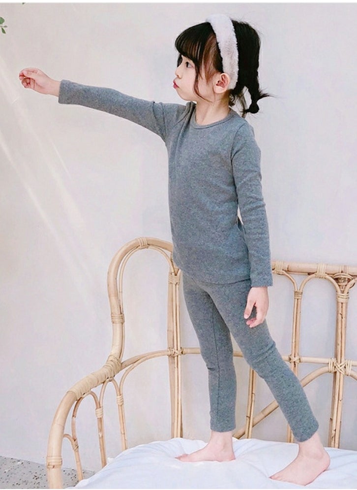 Kids Solid Color Thermal Underwear Set Cotton Soft Long Johns Base Layer Top & Bottom Children's Pajama Set Gray