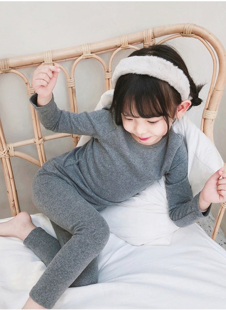 Kids Solid Color Thermal Underwear Set Cotton Soft Long Johns Base Layer Top & Bottom Children's Pajama Set Gray