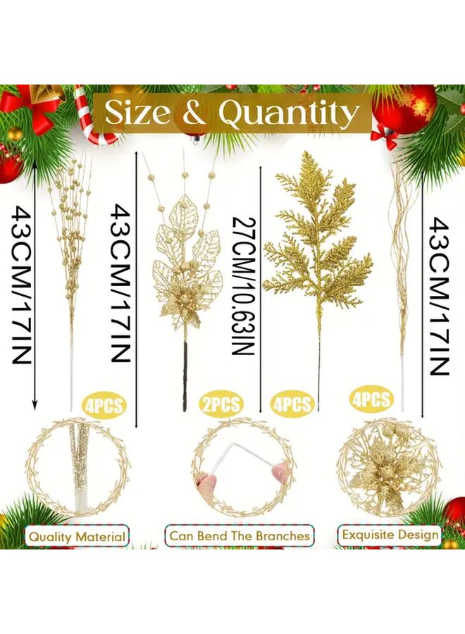 14 Pcs Golden Glittery Artificial Pine Needles Berries Stems 17 Inch Christmas Wreath Decor - Image 3