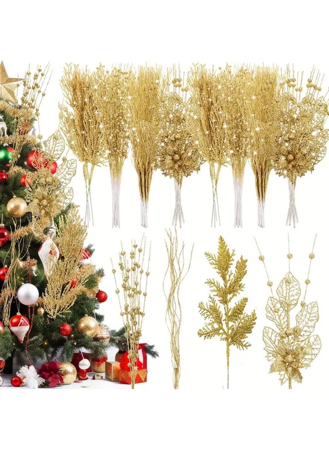 14 Pcs Golden Glittery Artificial Pine Needles Berries Stems 17 Inch Christmas Wreath Decor - Image 1