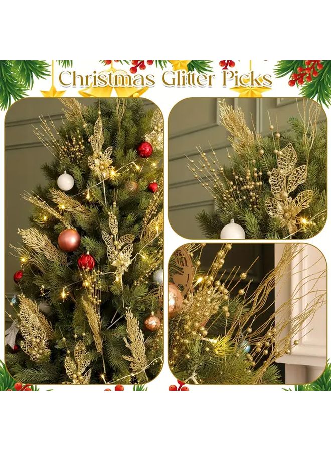 14 Pcs Golden Glittery Artificial Pine Needles Berries Stems 17 Inch Christmas Wreath Decor - Image 4