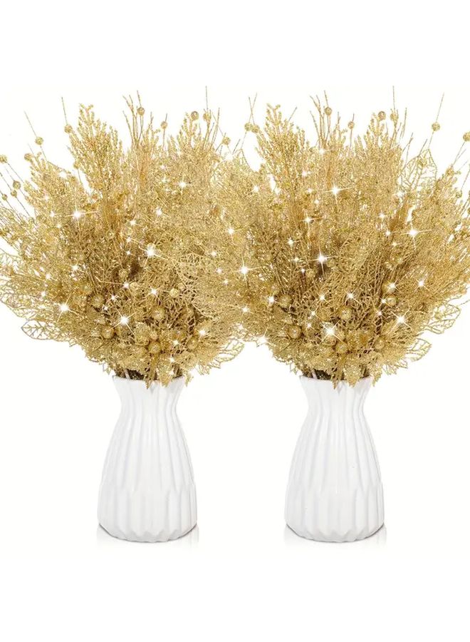 14 Pcs Golden Glittery Artificial Pine Needles Berries Stems 17 Inch Christmas Wreath Decor - Image 2