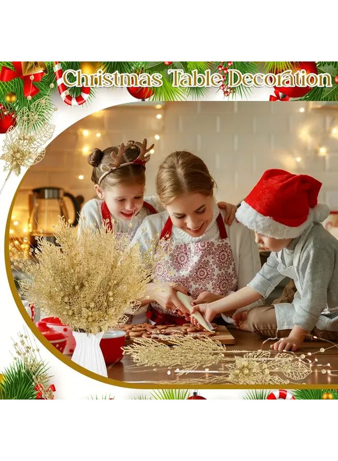 14 Pcs Golden Glittery Artificial Pine Needles Berries Stems 17 Inch Christmas Wreath Decor - Image 5