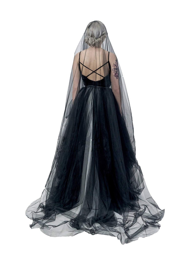 PURFUN Super Long 5 Mitters Veil 1 Tier Black Tulle Cut Edge Wedding Bridal Veil Cathedral Veil Photography Halloween Costume Accessory Headpiece - Image 1