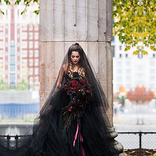PURFUN Super Long 5 Mitters Veil 1 Tier Black Tulle Cut Edge Wedding Bridal Veil Cathedral Veil Photography Halloween Costume Accessory Headpiece - Image 3