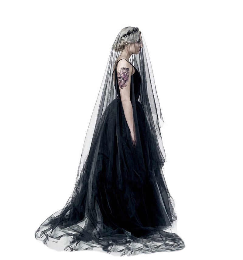 PURFUN Super Long 5 Mitters Veil 1 Tier Black Tulle Cut Edge Wedding Bridal Veil Cathedral Veil Photography Halloween Costume Accessory Headpiece - Image 2