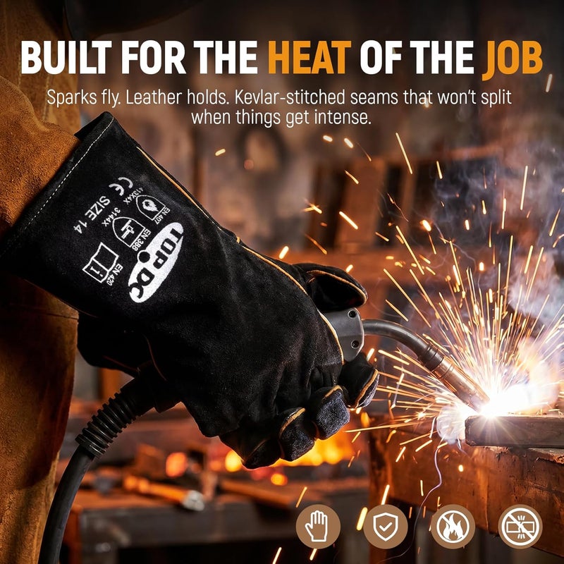 TOPDC 14 Inches, 932?, Top Cowhide Mig/Stick Welding Gloves Heat Resistant, Fireproof Gloves, for Forge, Fireplace, Welder, Animal Handling, Large, Black-Gray - Image 2