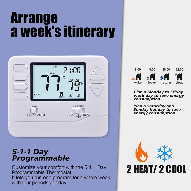 Heagstat 5-1-1 Day Programmable Thermostat for Home Conventional Single or Multistage Systems, up to 2 Heat/ 2 Cool, (with White Backlight) - Image 2