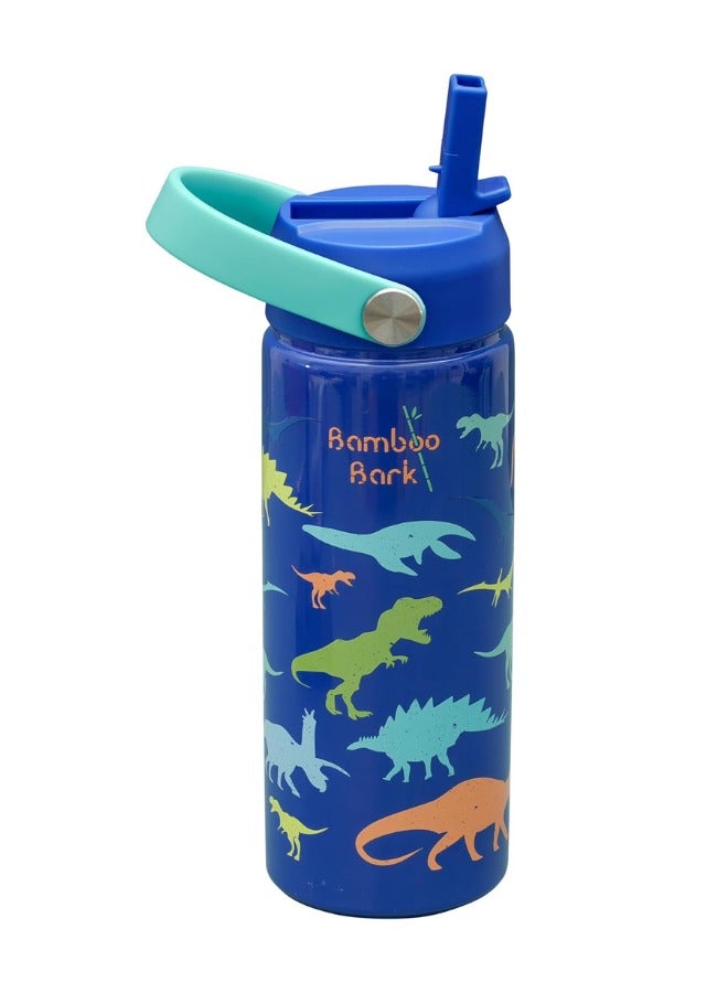 Bamboo Bark Insulated Water Bottle for Kids 500 ml / 17 oz - Kids Water Bottle with Straw & Handle - BPA Free Stainless Steel Water Bottle - Toddler & Kids Water Bottle for School - Blue Dino - Image 1