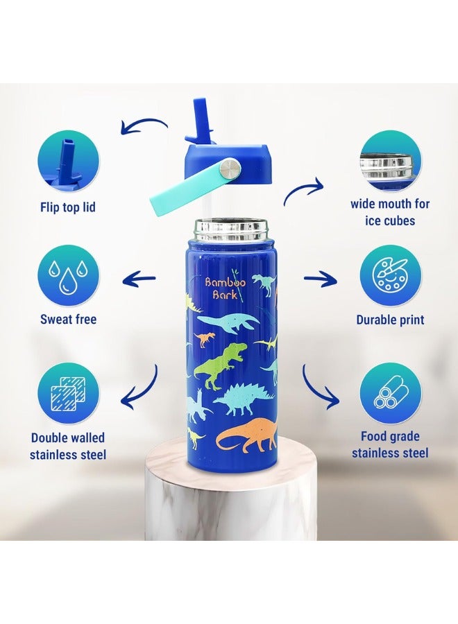 Bamboo Bark Insulated Water Bottle for Kids 500 ml / 17 oz - Kids Water Bottle with Straw & Handle - BPA Free Stainless Steel Water Bottle - Toddler & Kids Water Bottle for School - Blue Dino - Image 2