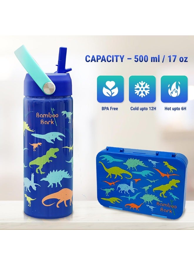 Bamboo Bark Insulated Water Bottle for Kids 500 ml / 17 oz - Kids Water Bottle with Straw & Handle - BPA Free Stainless Steel Water Bottle - Toddler & Kids Water Bottle for School - Blue Dino - Image 4