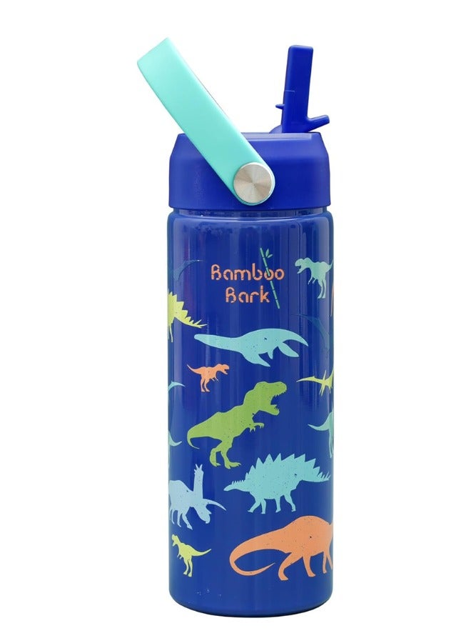 Bamboo Bark Insulated Water Bottle for Kids 500 ml / 17 oz - Kids Water Bottle with Straw & Handle - BPA Free Stainless Steel Water Bottle - Toddler & Kids Water Bottle for School - Blue Dino - Image 5
