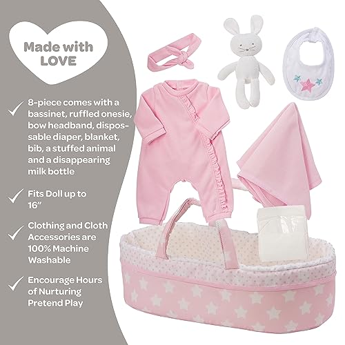 Adora Adoption Babies Essentials, 8-Piece Adoption Baby Doll Accessories and Bunny Toy includes Pink Bassinet, Ruffled Onesie, Headband, Blanket, and Bottle Birthday Gift For Ages 3+ - It's A Girl - Image 2