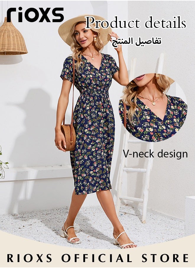 RIOXS - Women's V Neck Short Sleeve Chiffon Summer Beach Dress Floral Printed A-Line Casual Elastic Waist Midi Dress - Image 1