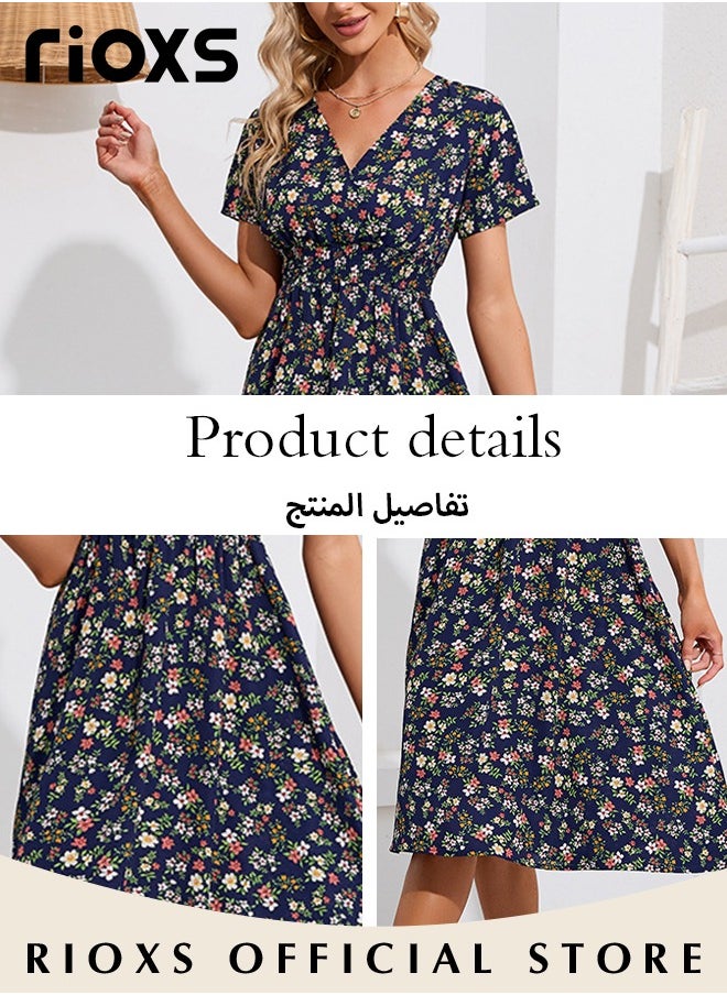 RIOXS - Women's V Neck Short Sleeve Chiffon Summer Beach Dress Floral Printed A-Line Casual Elastic Waist Midi Dress - Image 1