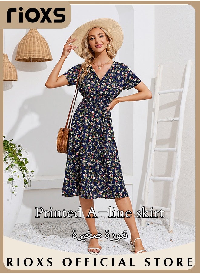 RIOXS - Women's V Neck Short Sleeve Chiffon Summer Beach Dress Floral Printed A-Line Casual Elastic Waist Midi Dress - Image 1