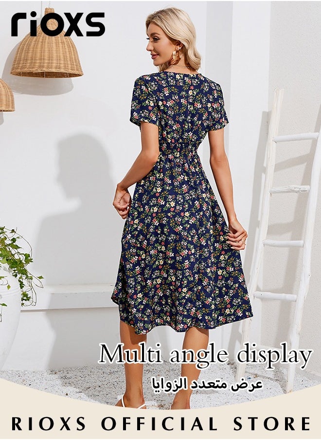 RIOXS - Women's V Neck Short Sleeve Chiffon Summer Beach Dress Floral Printed A-Line Casual Elastic Waist Midi Dress - Image 1