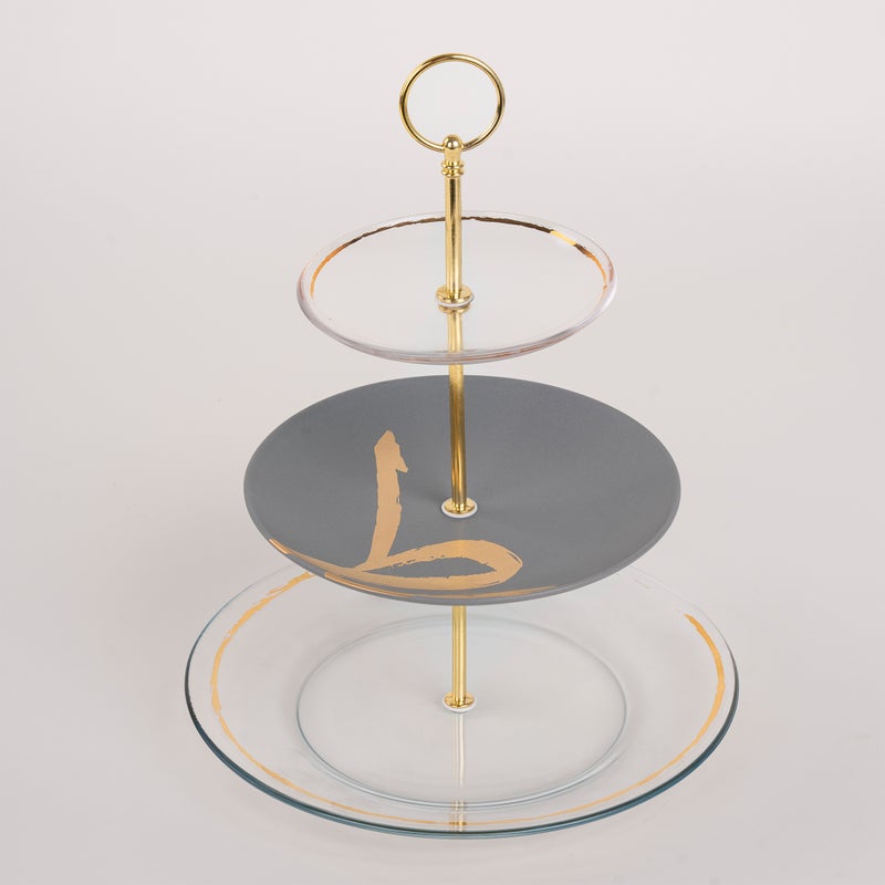 لا ميسا حامل الكيك من البورسلان والزجاج بثلاث أدوار من لا ميسا باللون الأبيض والرمادي - Image 1