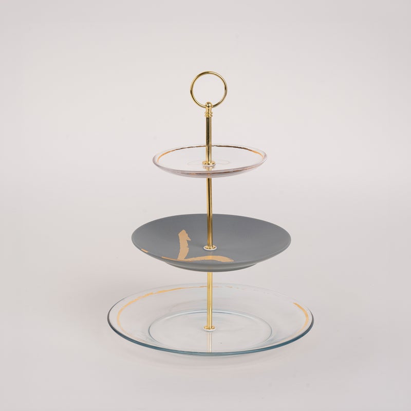 لا ميسا حامل الكيك من البورسلان والزجاج بثلاث أدوار من لا ميسا باللون الأبيض والرمادي - Image 2