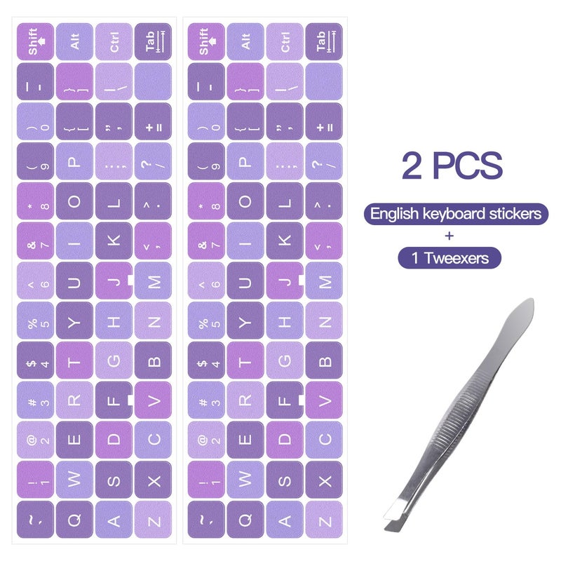 DAMMOMKO 2PCS English Keyboard Stickers with Tweezer, Universal Keyboard Sticker Purple Background with White Lettering Keyboard Letters Replacement Stickers for Computer Laptop Notebook Desktop -English - Image 2